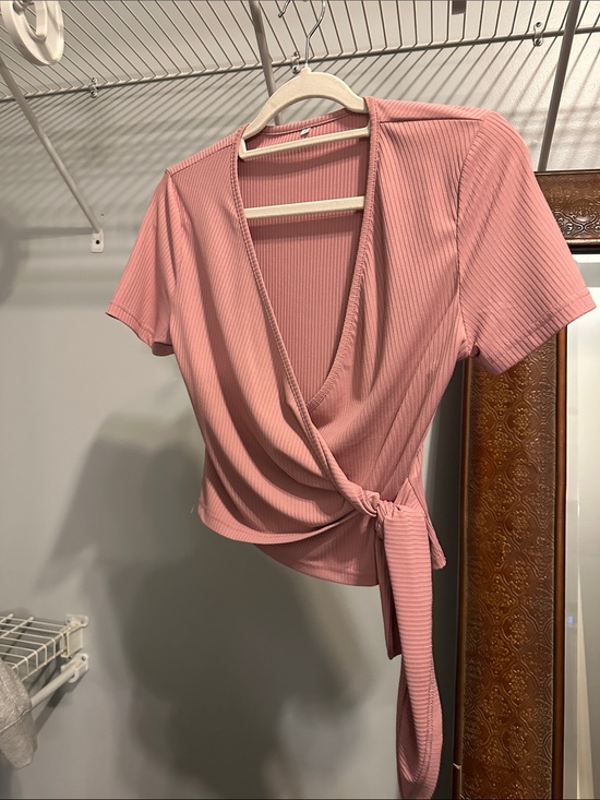 Tops - Ribbed Pink Wrap Short Sleeve Top